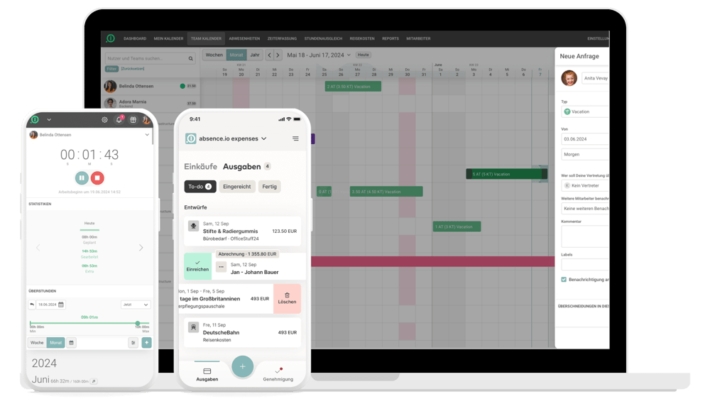absence.io auf eine Laptop und zwei Smartphones. Der Laptop zeigt einen Abwesenheitskalender in der Team-Ansicht. Das linke Smartphone zeigt wie mit der digitalen Stoppuhr eine Arbeitszeit erfasst wird. Das rechte Smartphone zeigt die Live-Ansicht der ausgaben in der mobilen App zur Spesen- und Reisekostenabrechnung. 