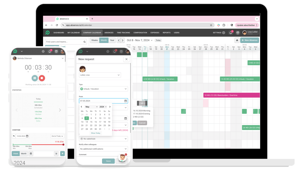 absence.io displayed on a laptop and two smartphones. The laptop shows an absence calendar in team view. The left smartphone displays a digital stopwatch tracking work time. The right smartphone shows a new vacation entry being created.