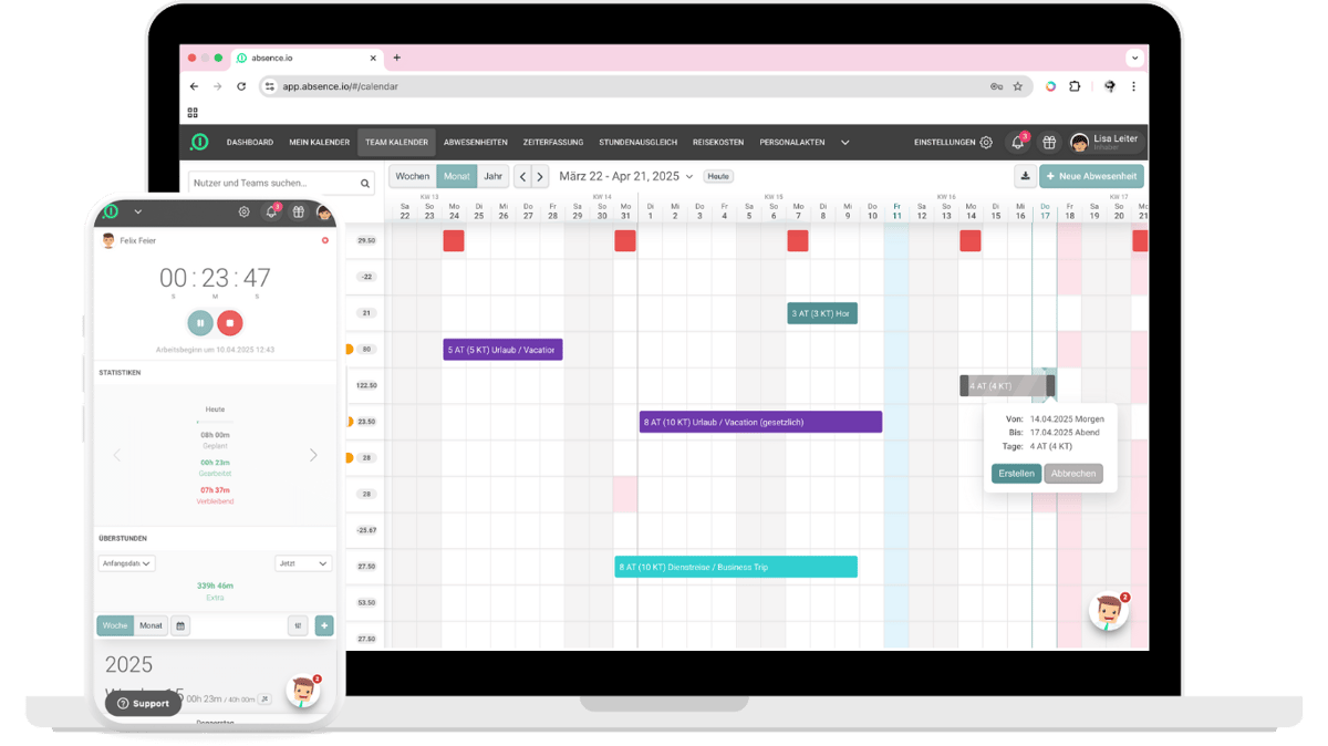abwesenheitsverwaltung desktop zeiterfassung mobile app_DE