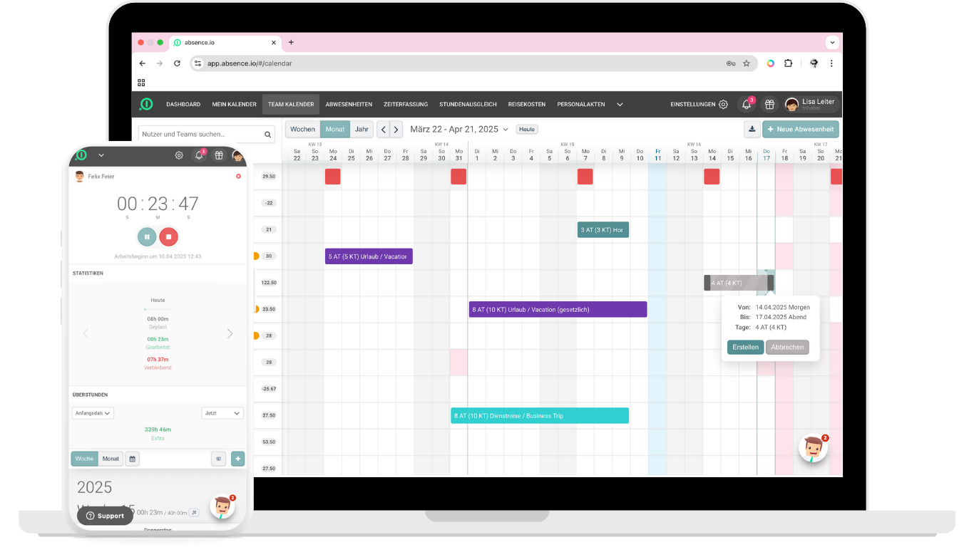 abwesenheitsverwaltung desktop zeiterfassung mobile app_DE