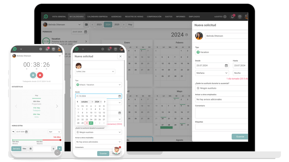 absence.io en un portátil y dos smartphones. El portátil muestra un calendario de ausencias en la vista de equipo. El smartphone a la izquierda muestra un cronómetro digital registrando el tiempo de trabajo. El smartphone a la derecha muestra la creación de una nueva entrada de vacaciones.